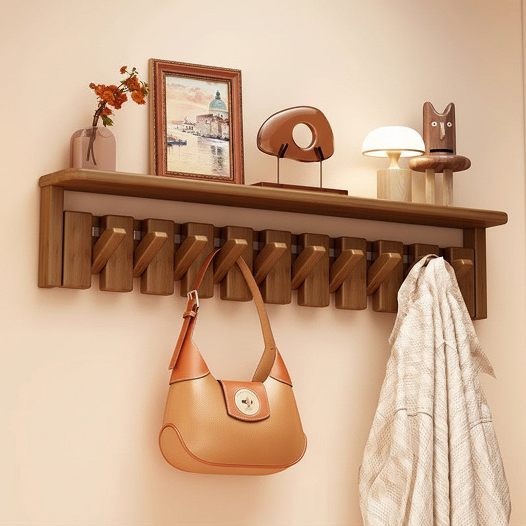 Piano Key Walnut Wall Hanger — Entryway Hook Shelf