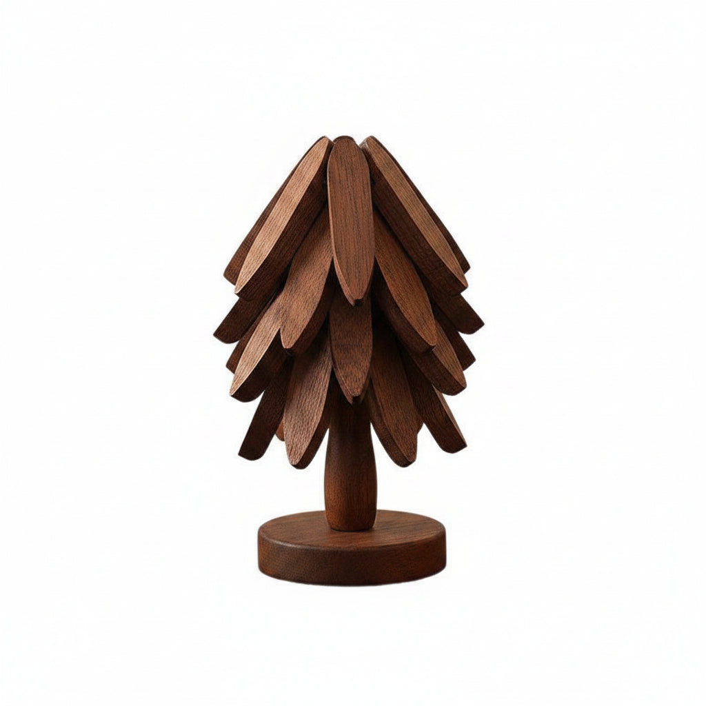 Walnut Wood Sculptural Coaster Set — Set of 4 with Tree Stand