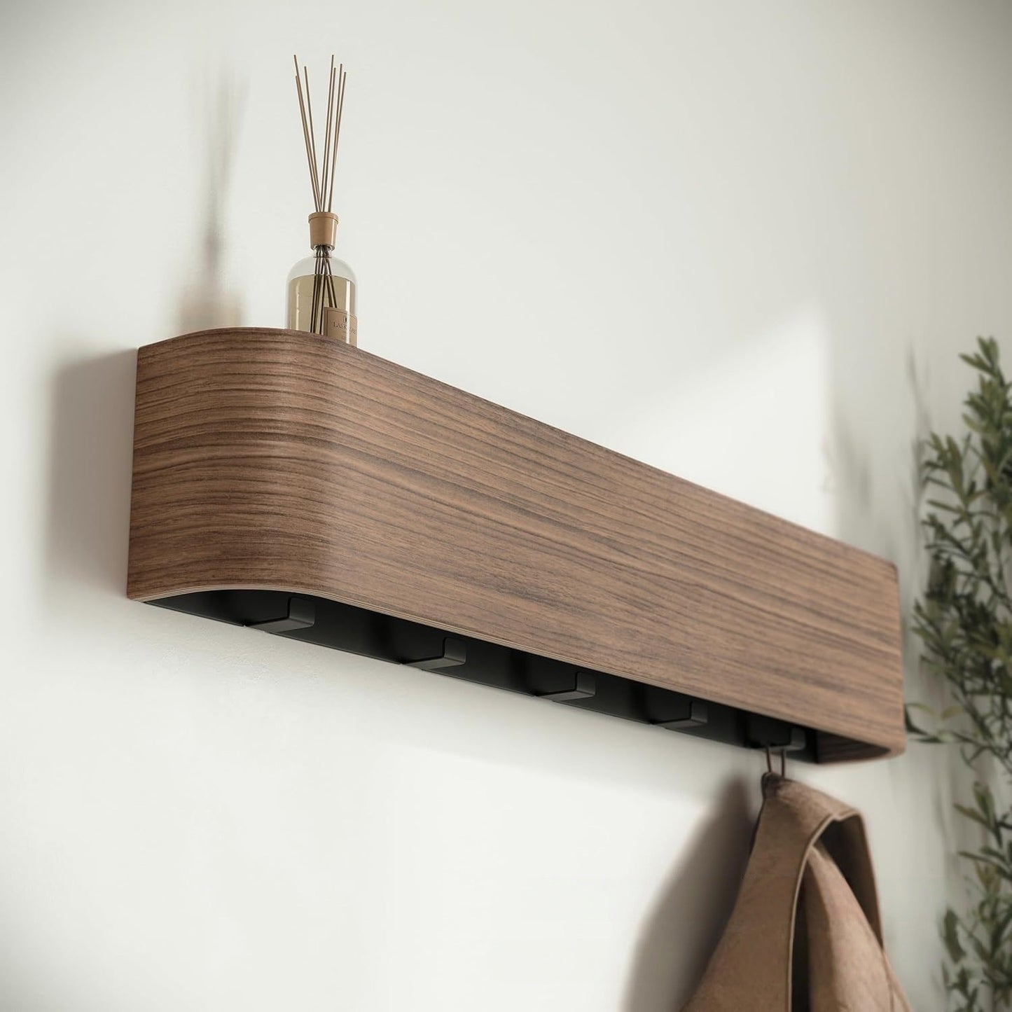 Walnut Curved Wall Shelf with Hooks — Entryway & Bedroom Organizer