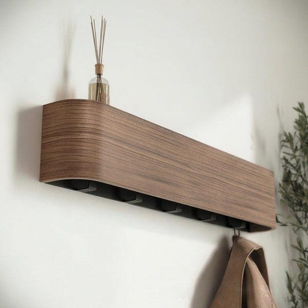 Walnut Curved Wall Shelf with Hooks — Entryway & Bedroom Organizer