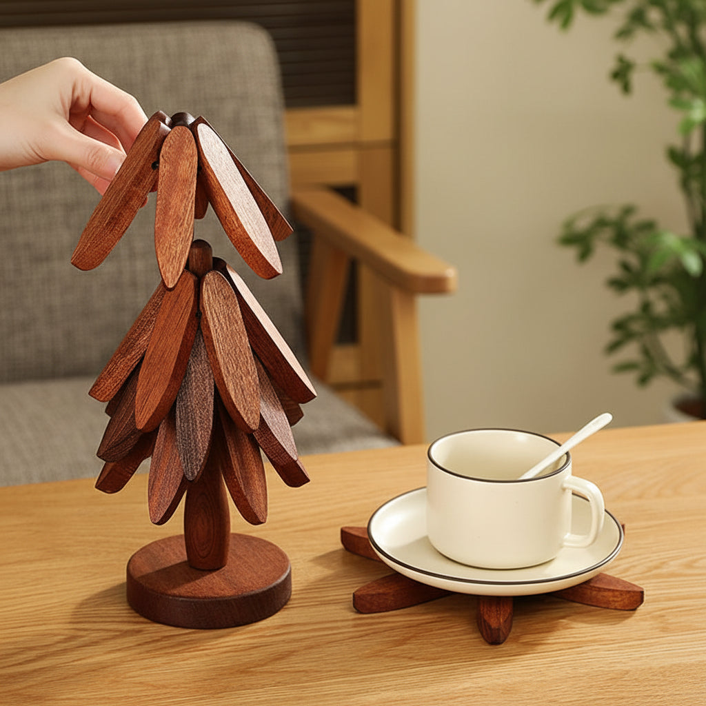 Walnut Wood Sculptural Coaster Set — Set of 4 with Tree Stand
