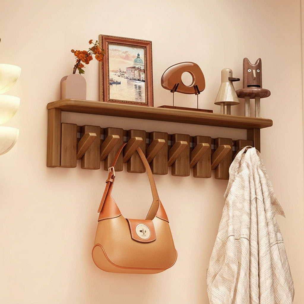 Piano Key Walnut Wall Hanger — Entryway Hook Shelf