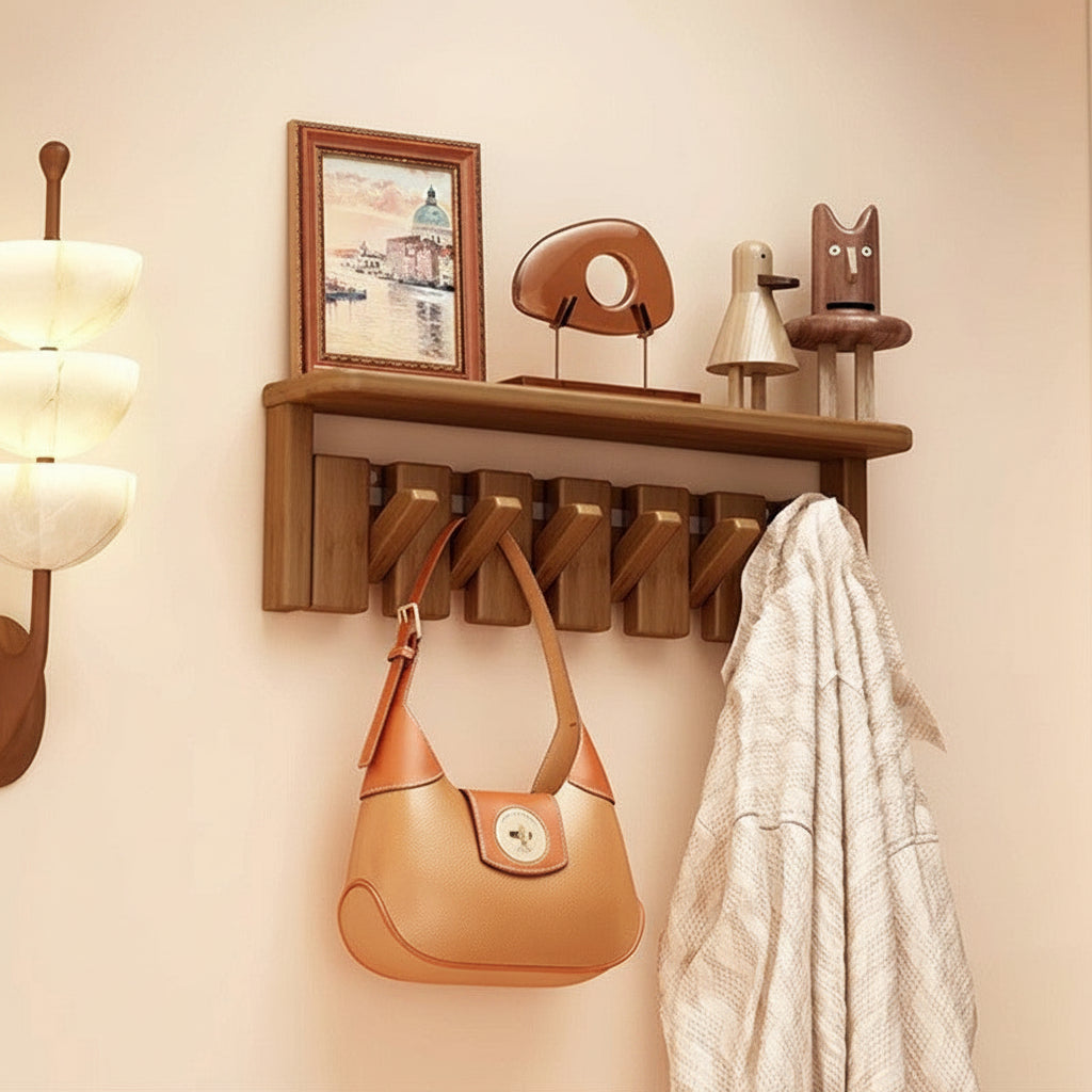 Piano Key Walnut Wall Hanger — Entryway Hook Shelf
