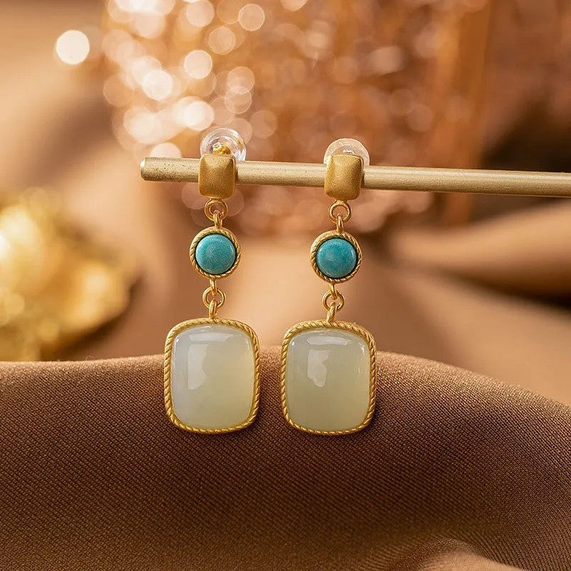 Vintage  Plated Square Hetian Jade Stud Earrings
