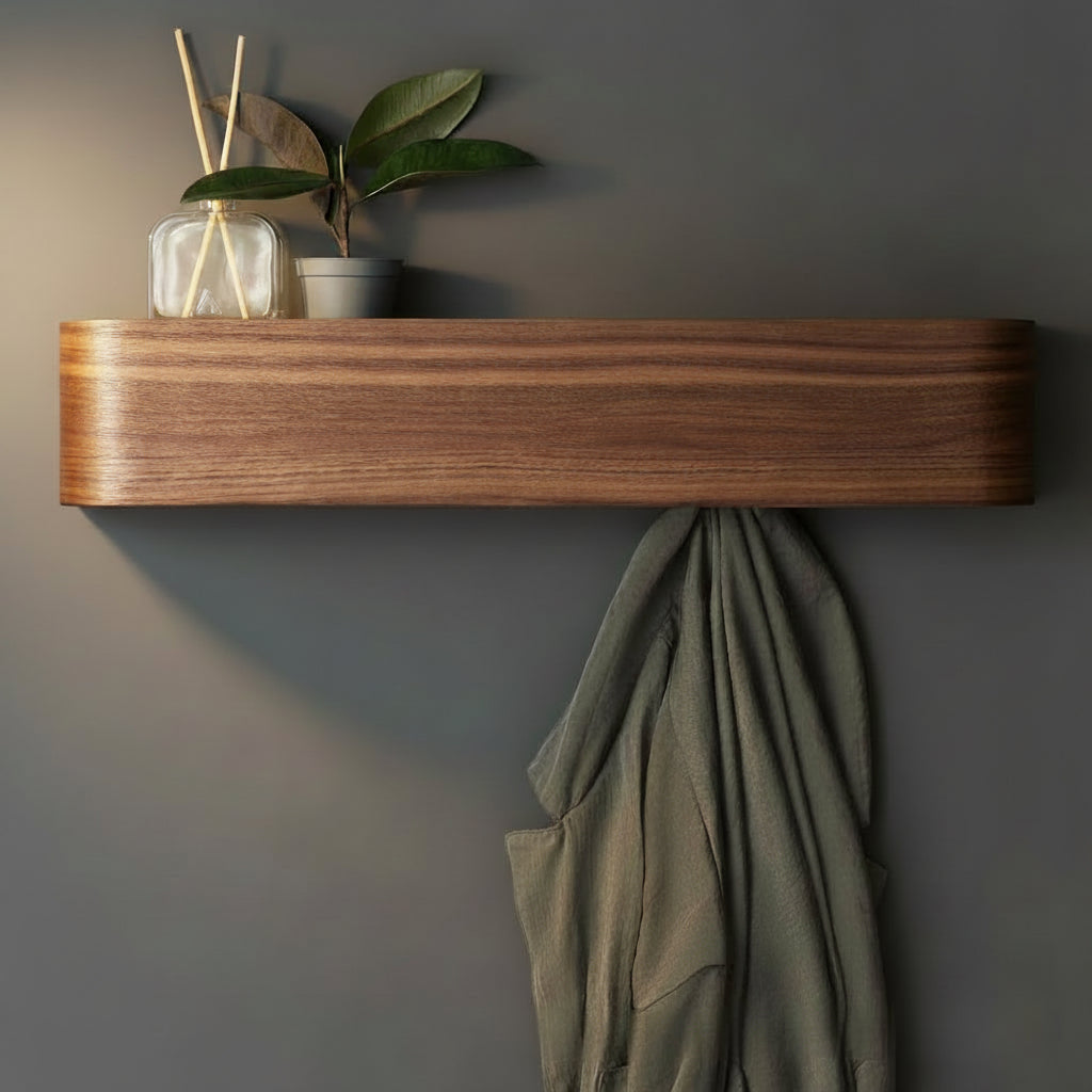 Walnut Curved Wall Shelf with Hooks — Entryway & Bedroom Organizer