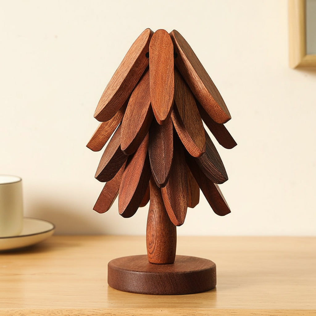 Walnut Wood Sculptural Coaster Set — Set of 4 with Tree Stand