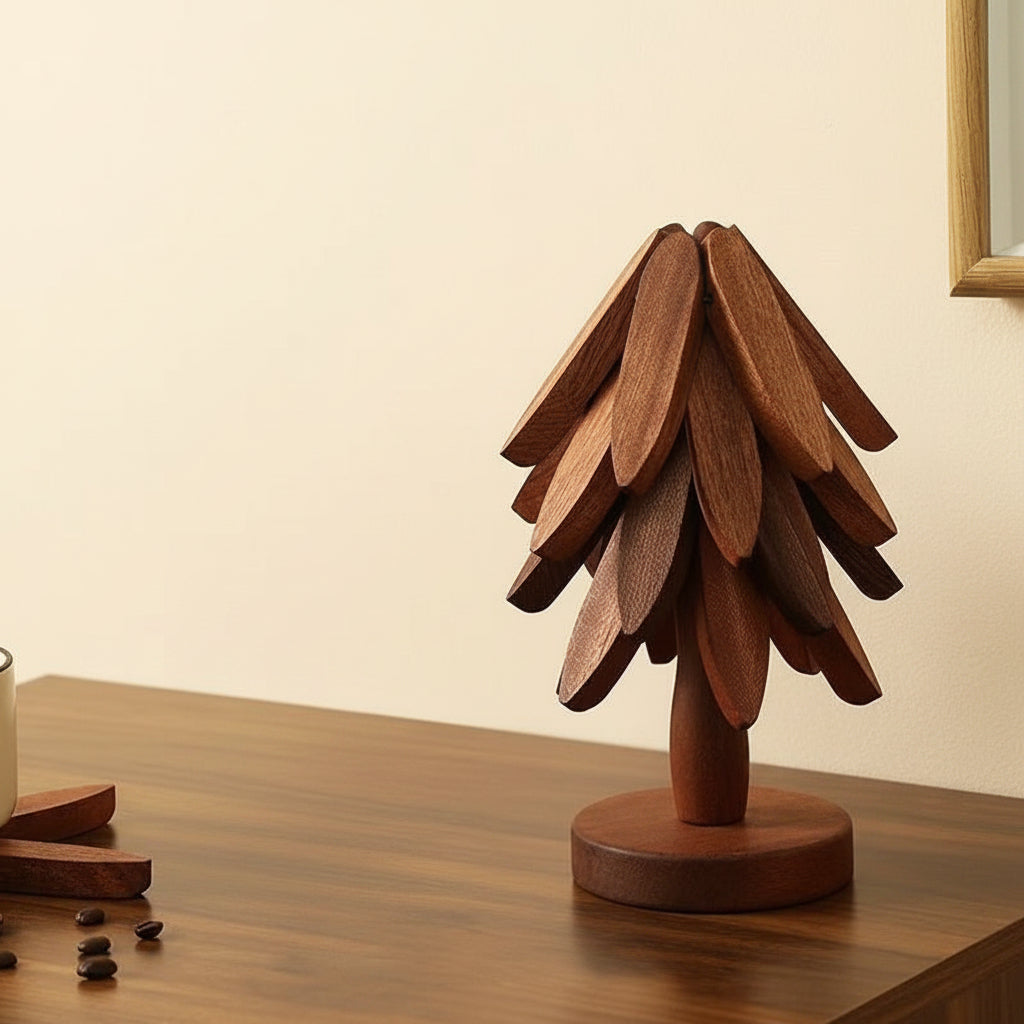 Walnut Wood Sculptural Coaster Set — Set of 4 with Tree Stand
