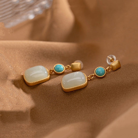 Vintage  Plated Square Hetian Jade Stud Earrings
